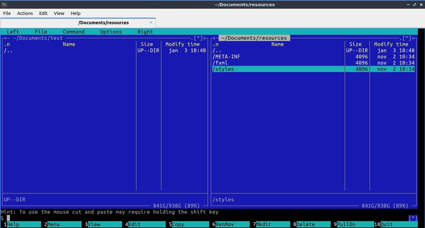 Mdnight Commander running in Qterminal